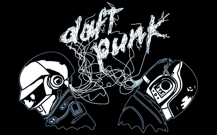 two men wearing helmet sketch, Daft Punk, music, digital art