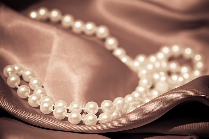 beaded white necklace, style, background, fabric, pearl, beads, HD wallpaper