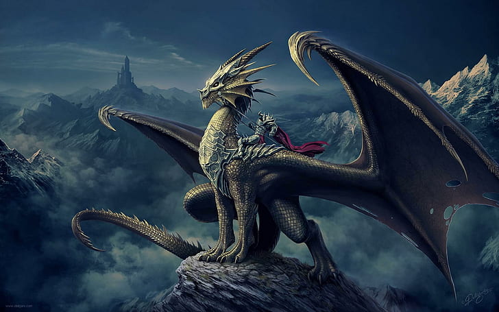awesome beast dragon, fantasy, rider, HD wallpaper