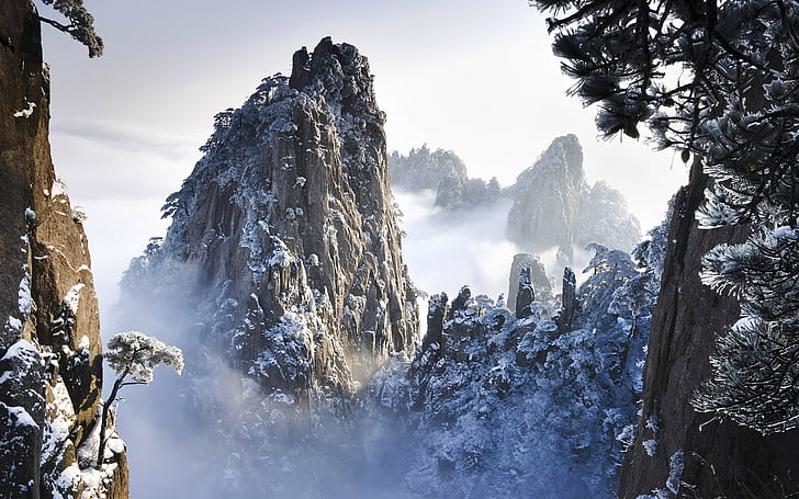 mountains, snow, winter, clouds, HD wallpaper