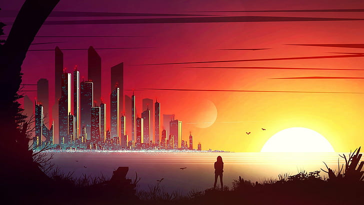 kvacm illustration digital art artwork cityscape sunset, silhouette, HD wallpaper