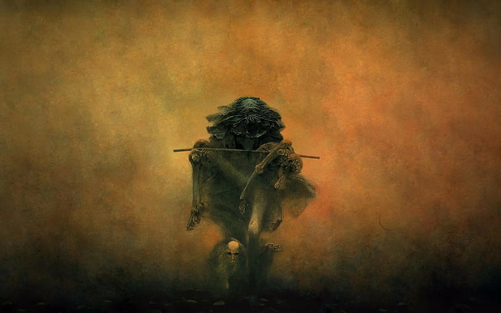 artwork, death, Zdzisław Beksiński, skull, fantasy art, bones, HD wallpaper