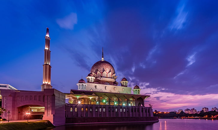 white and brown concrete mosque, the sky, clouds, sunset, lights, HD wallpaper