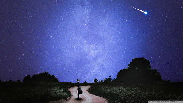 road, night, sky, men, stars, star - space, astronomy, real people, HD wallpaper