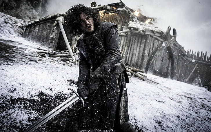 Jon Snow, curly hair, Kit Harington, sword, TV, men, Game of Thrones, HD wallpaper