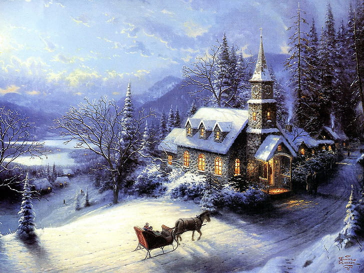 house, winter, snow, sledge, card, new year, christmas