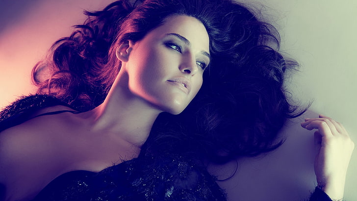 closeup photo of woman lying on white surface, dark hair, brown eyes, HD wallpaper