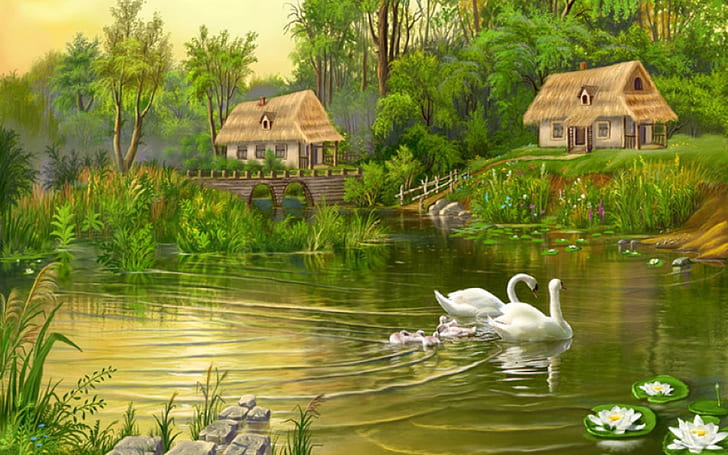Swan Family Lake Pond Stone Bridge Trees House With Straw Cover Lotus Flowers Art Wallpaper Hd For Desktop 1920×1200