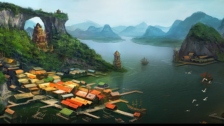 city on top of body of water near mountain digital wallpaper