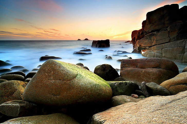 pile of stones on the seashore painting, landscape, seascape