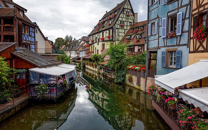 France, Colmar, town, cafe, river, houses, HD wallpaper