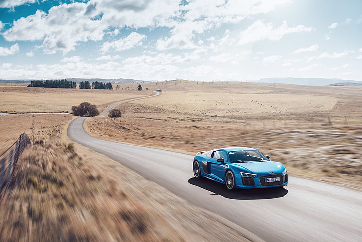 blue Audi R8 coupe, v10, movement, road, car, speed, driving