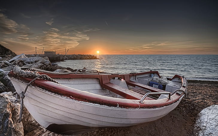 Beach, boat, sea, sunset, HD wallpaper