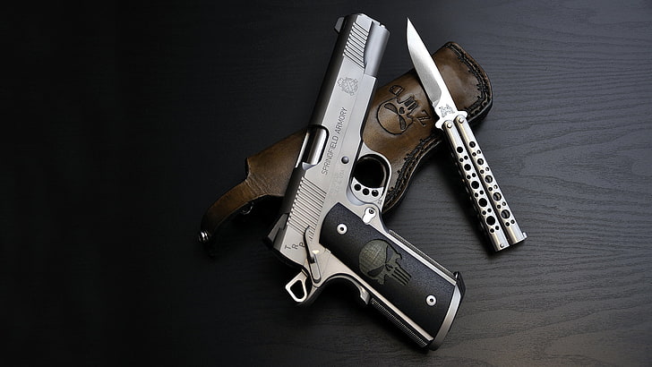 gray semi-automatic pistol, gun, skull, holster, the Punisher