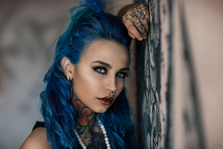 blue hair, tattoo, Felisja Piana, dyed hair, nose rings, Alessandro Di Cicco, HD wallpaper