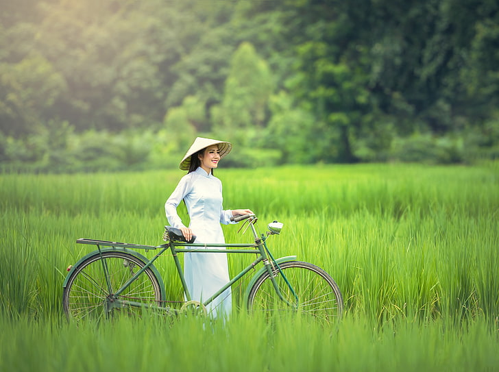 Girl, Bicycle, Rice Field Landscape, Asia, Others, Travel, Smile, HD wallpaper