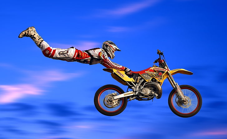 Motocross Jumps, yellow and red dirt bike, Motorcycle Racing