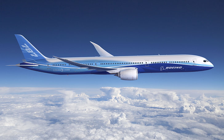 white and blue Boeing 787 passenger plane, aviation, dreamliner, HD wallpaper
