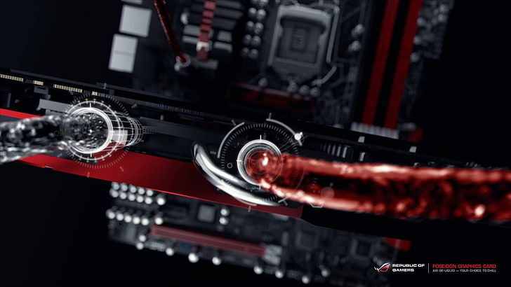 red and black electronic device, ASUS, liquid, cooling fan, technology