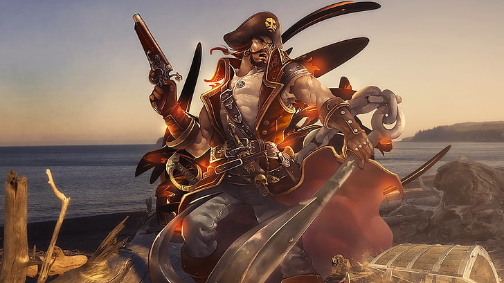 man holding gun and sword illustration, Gangplank, pirates, orange, HD wallpaper