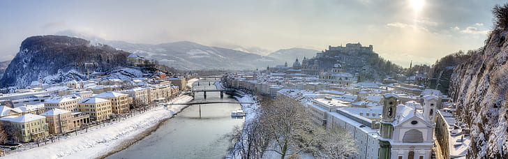 Hazy morning, snowstorm, river, Salzburg, Austria, HD wallpaper