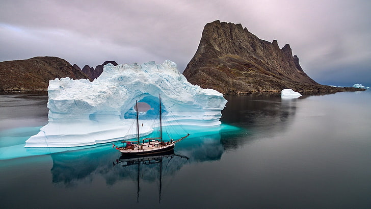 white sail ship beside iceberg digital wallpaper, nature, landscape, HD wallpaper