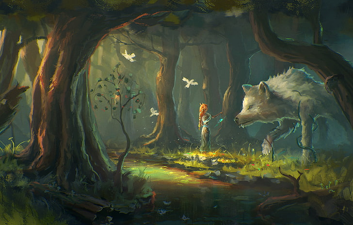 woman and wolf painting, fantasy art, forest, HD wallpaper