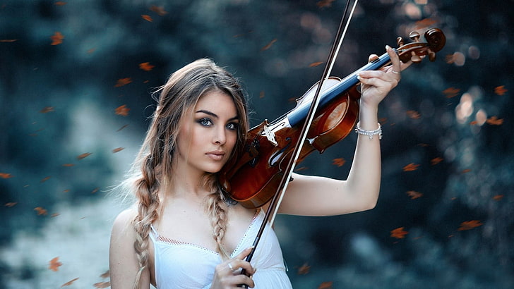 women, auburn hair, braids, violin, blue eyes, blurred, Alessandro Di Cicco, HD wallpaper