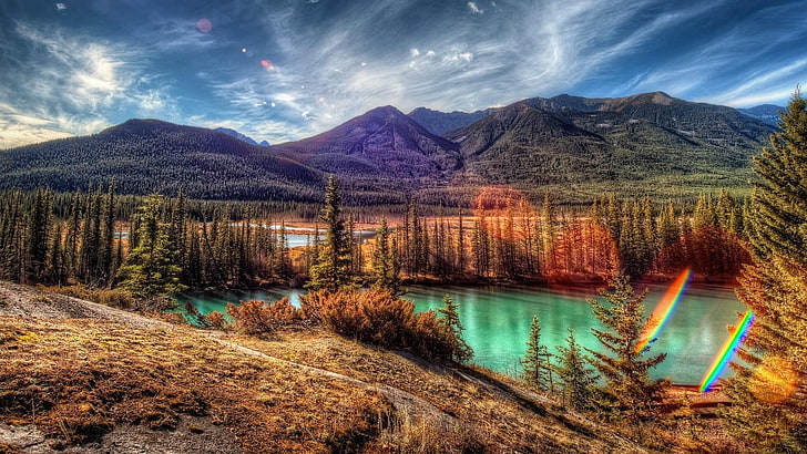 banff national park, canada, alberta, landscape, pond, sky, HD wallpaper