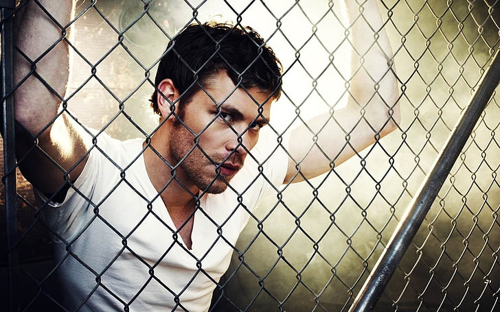 Joseph morgan, Mesh, Face, Brunet, young adult, fence, one person