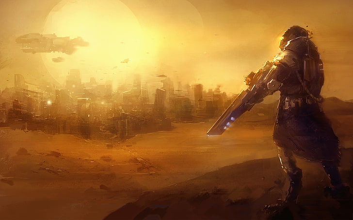 painting of brown and white house, dune, desert, snipers, city, HD wallpaper