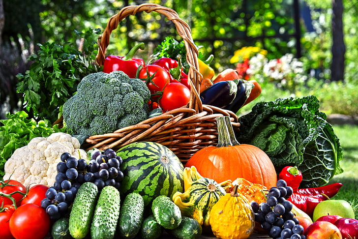greens, basket, apples, watermelon, garden, grapes, eggplant