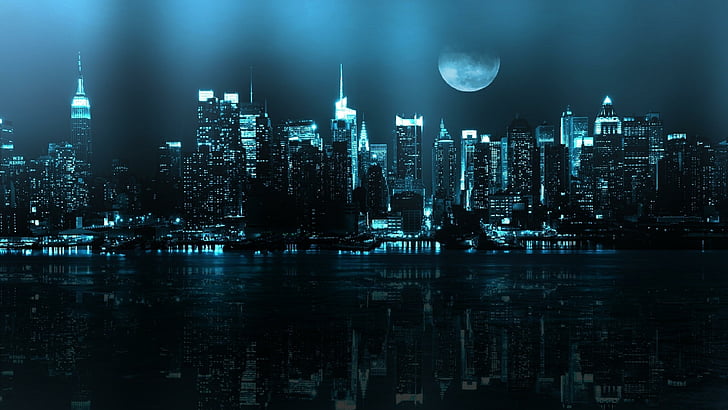 moon, night, full moon, night sky, reflected, reflection, skyscrapers, HD wallpaper