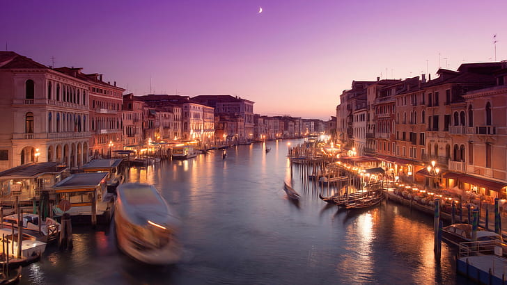 river, Venice, night, city lights, gondolas, HD wallpaper