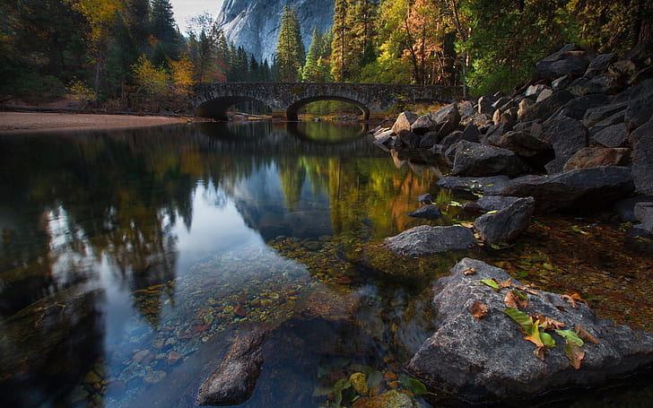 Autumn Nature Landscape Bridge On The Merced River In Yosemite United States Picture Of Desktop Hd Wallpaper 1920×1200, HD wallpaper