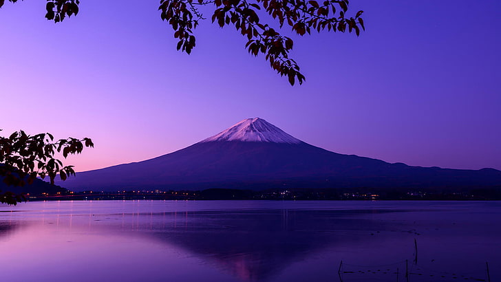 Mount Fuji, Japan, landscape, calm waters, violet, lake, clear sky, HD wallpaper