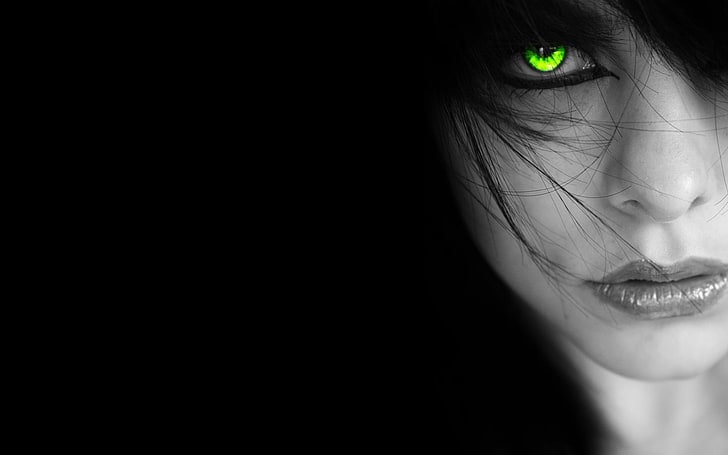 women's green contact lens, selective coloring, eyes, face, monochrome