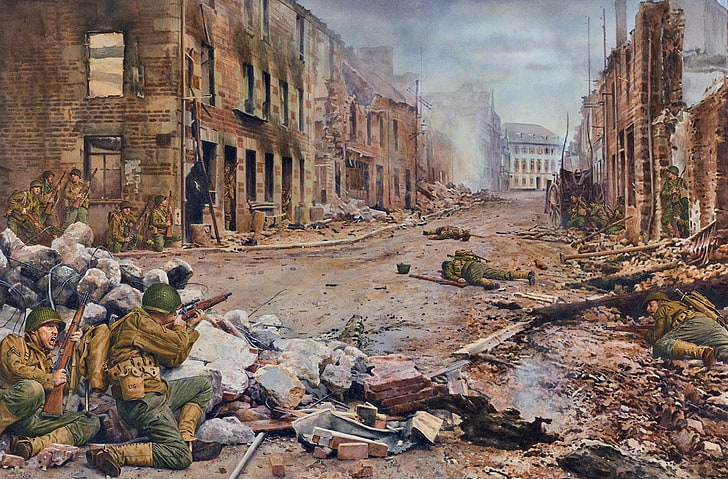 men's brown and green soldier uniform, war, street, smoke, figure, HD wallpaper