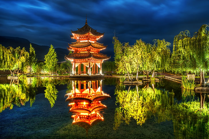 brown pergolas, trees, pond, Park, reflection, China, pagoda, HD wallpaper