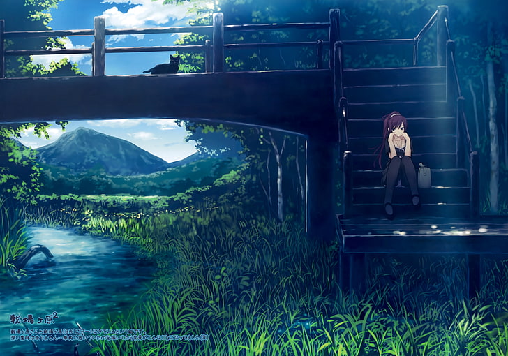 brown-haired female anime character, river, bridge, cat, Senjougahara Hitagi, HD wallpaper