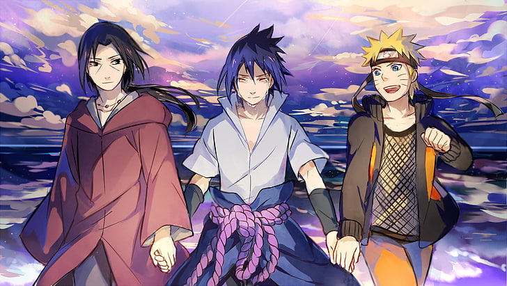 three Naruto anime characters, Itachi Uchiha, Naruto Uzumaki