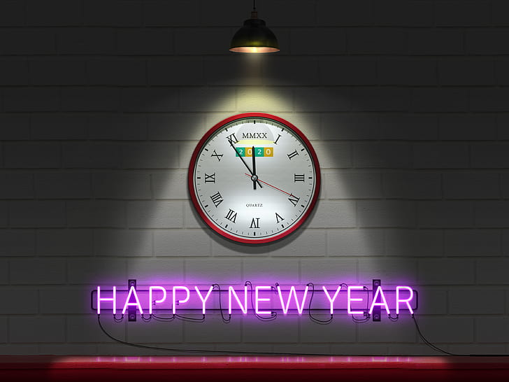 New Year, 2020, Happy New Year, wall, clocks, lightning, neon