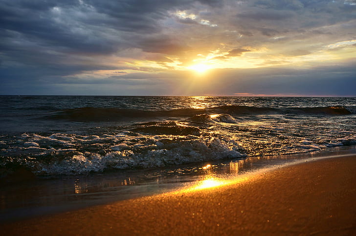 ocean wave during sunset, lake michigan, lake michigan, light on, HD wallpaper