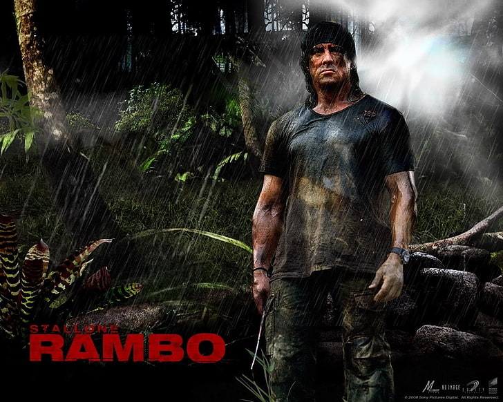 Rambo, one person, front view, communication, men, sign, three quarter length