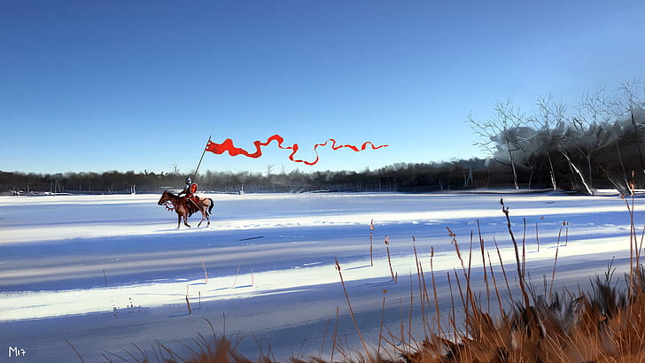 artwork, fantasy art, snow, soldier, landscape, Dominik Mayer