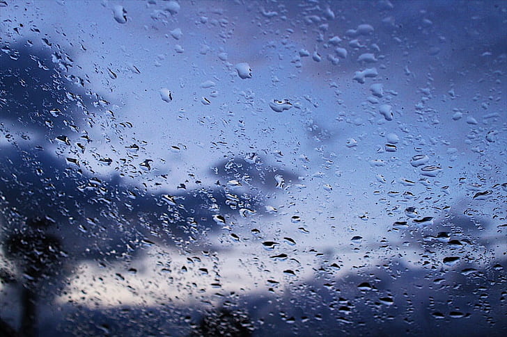 selected focus of water drops in glass frame, sky, cries, photography HD wallpaper