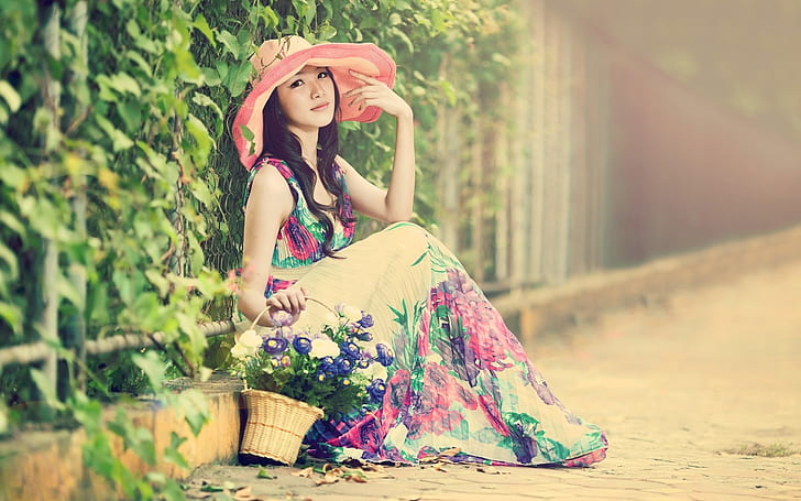 Asian girl, hat, beautiful dress, street, summer