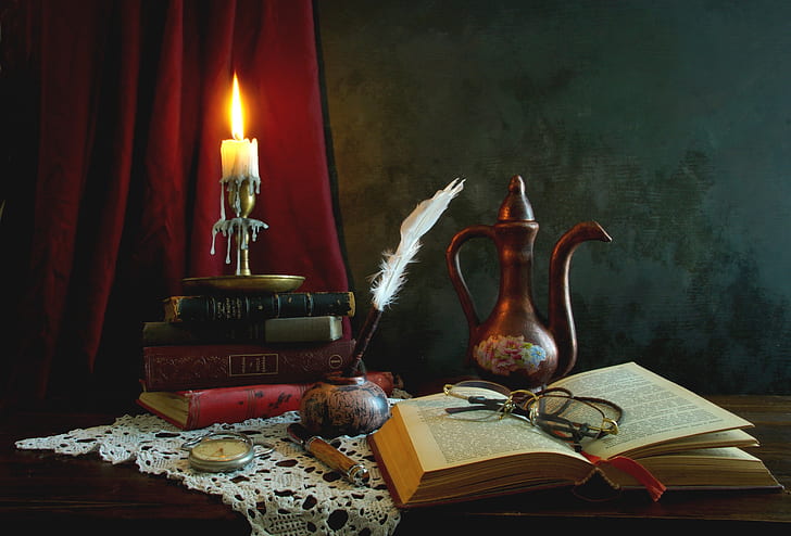 pen, watch, books, candle, glasses, still life, coffee pot, HD wallpaper