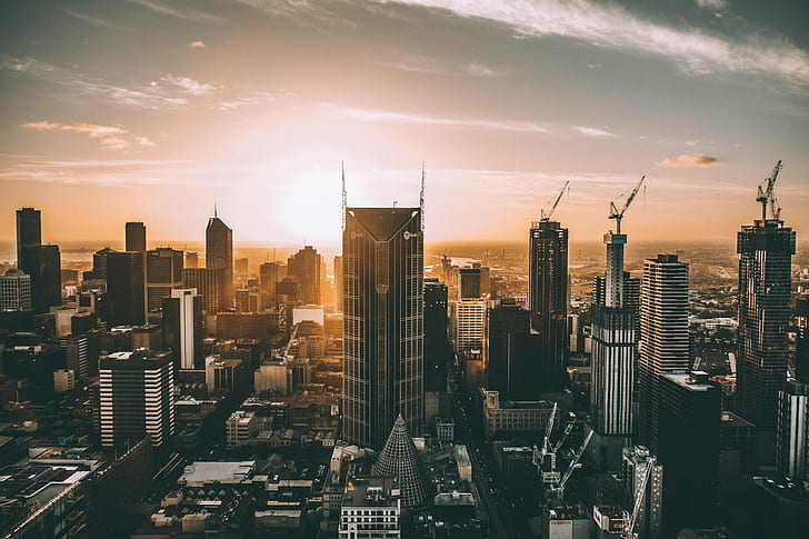 cityscape, Melbourne, cranes (machine), Australia, sunset, HD wallpaper