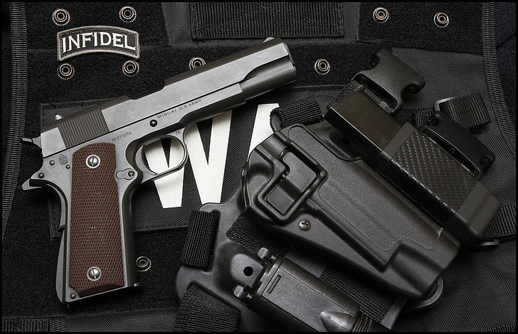 gray and brown semi-automatic pistol, Weapons, Colt 1911, Colt .45 Infidel 1911, HD wallpaper